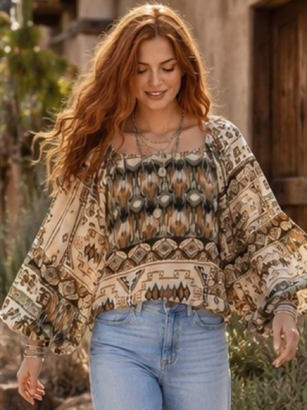 Calvin Klein Boho Southwestern Print Blouse Balloon Sleeve Peasant Top | Size M